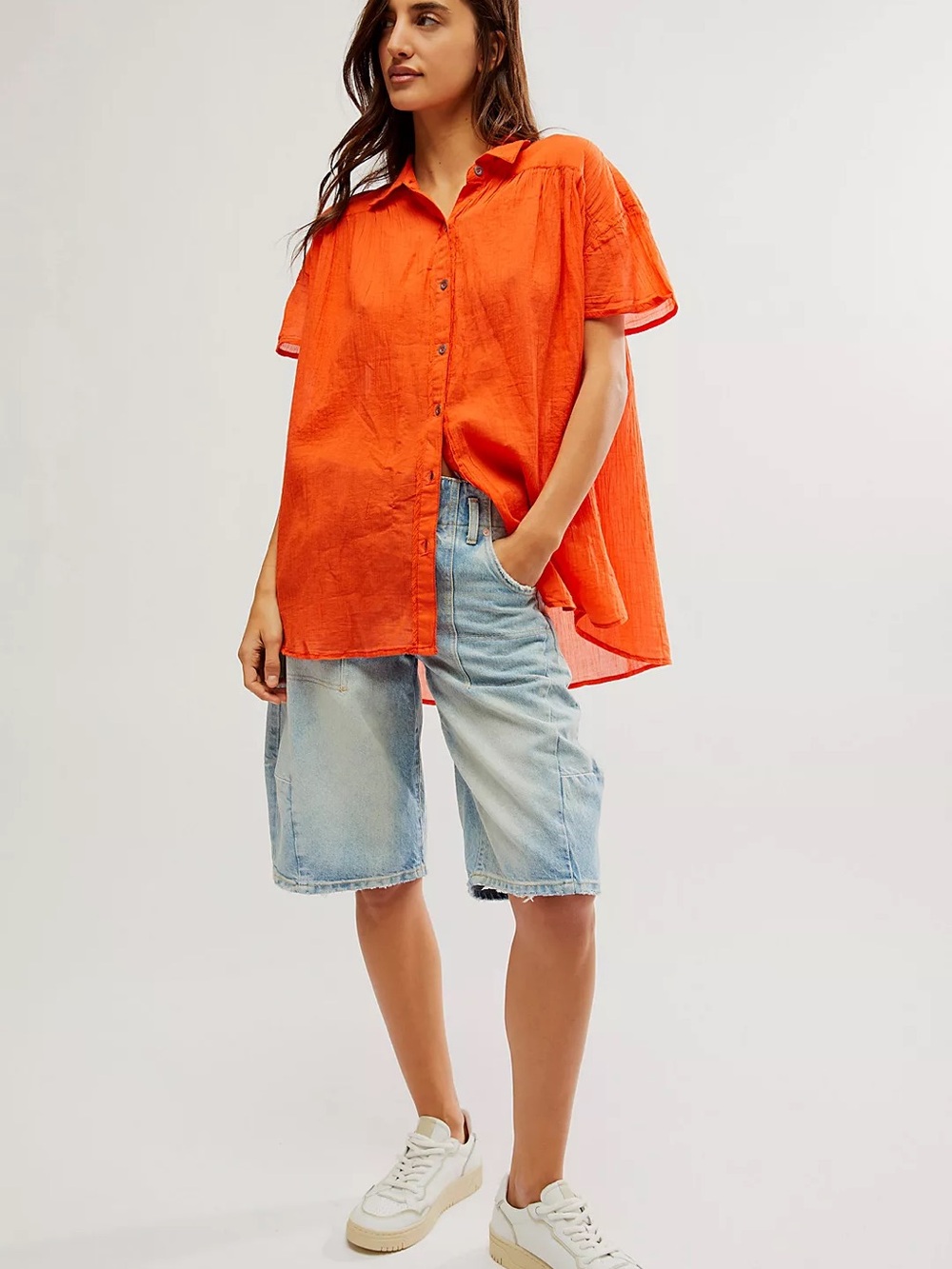 We The Free People Float Away Cotton Gauze Button Front Shirt Orange Size M